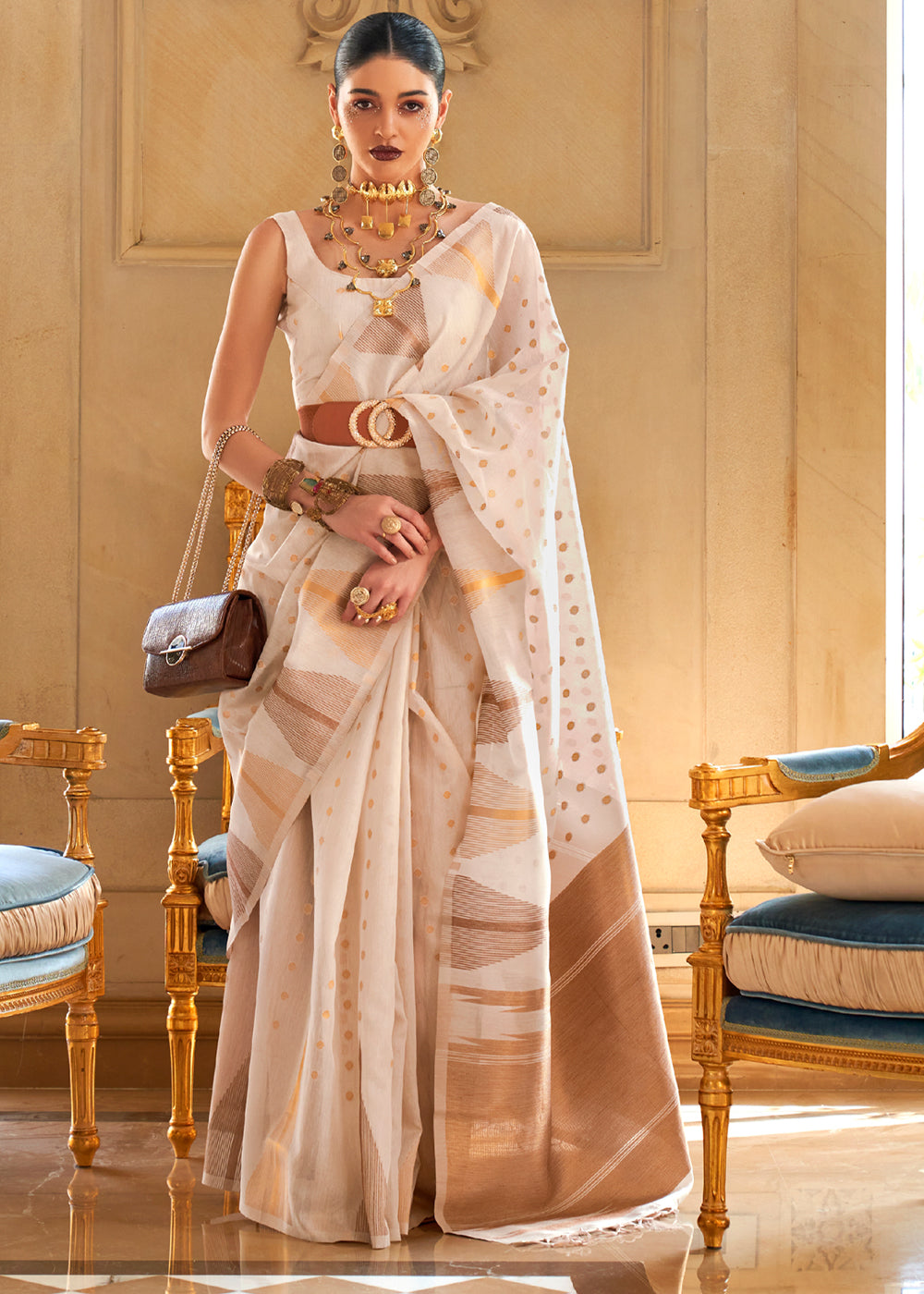 Buy MySilkLove Pearl White Banarasi Woven Tissue Silk Saree Online
