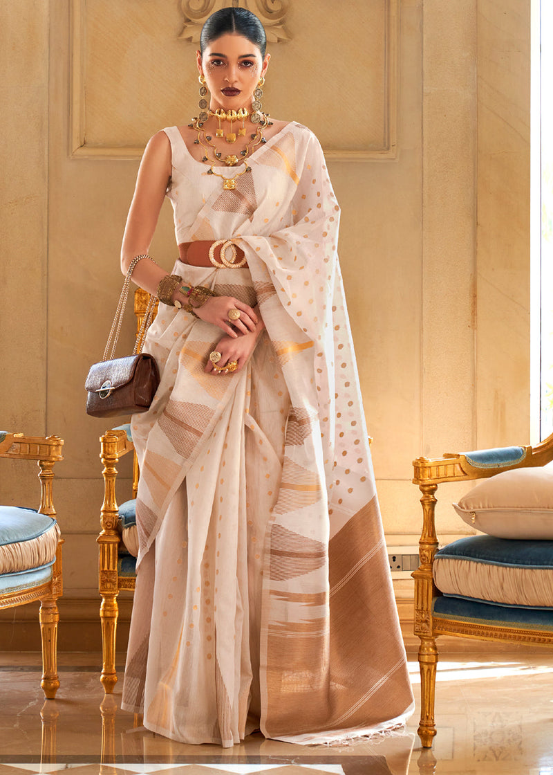Simple Off-White Color Banarasi Silk Saree | Silk saree blouse designs,  Embroidery dress, Silk sarees