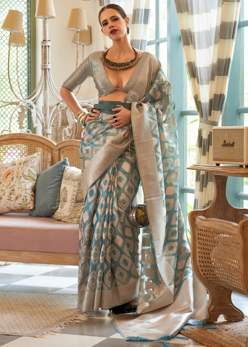 Buy MySilkLove Cactus Blue Woven Banarasi Tissue Silk Saree Online