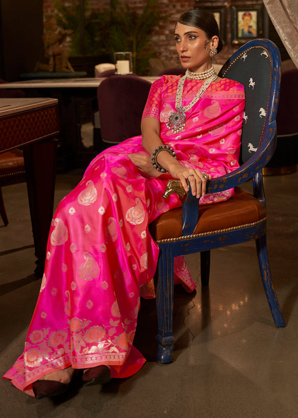 Wild Strawberry Pink Banarasi Woven Satin Silk Saree
