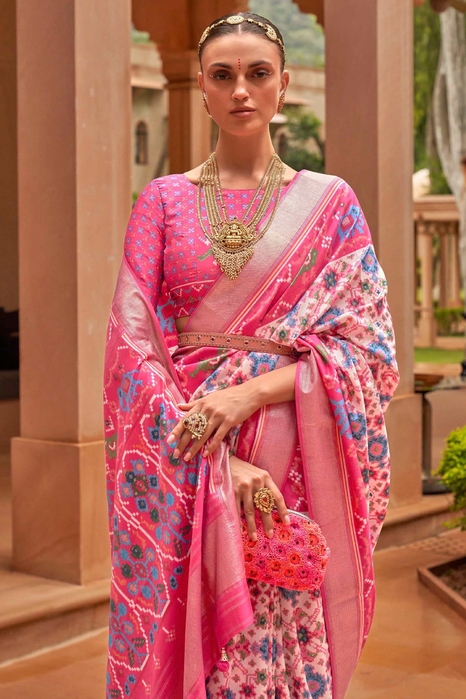 MySilkLove Mauvelous Pink and Blue Patola Printed Silk Saree