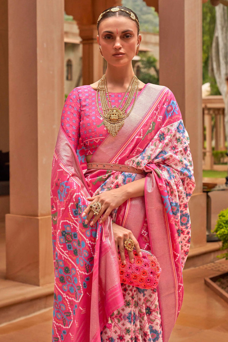 Mauvelous Pink and Blue Patola Printed Silk Saree