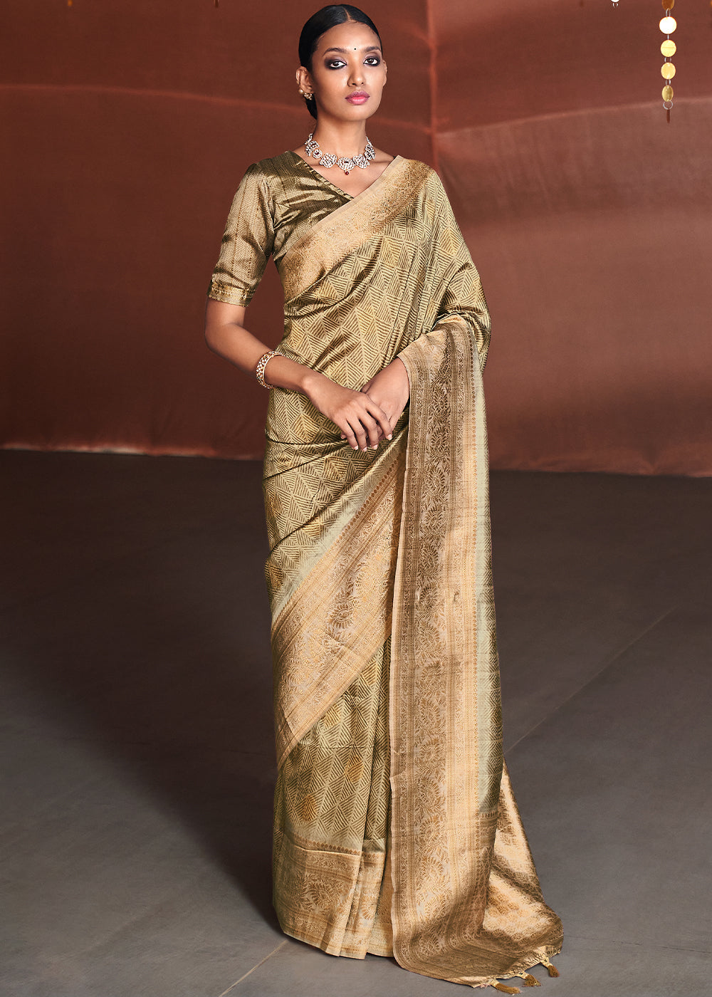 Buy MySilkLove Straw Brown Banarasi Woven Printed Silk Saree Online