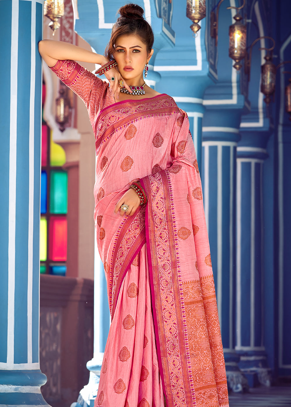 Buy MySilkLove Carnation Pink Woven Banarasi Silk Saree Online
