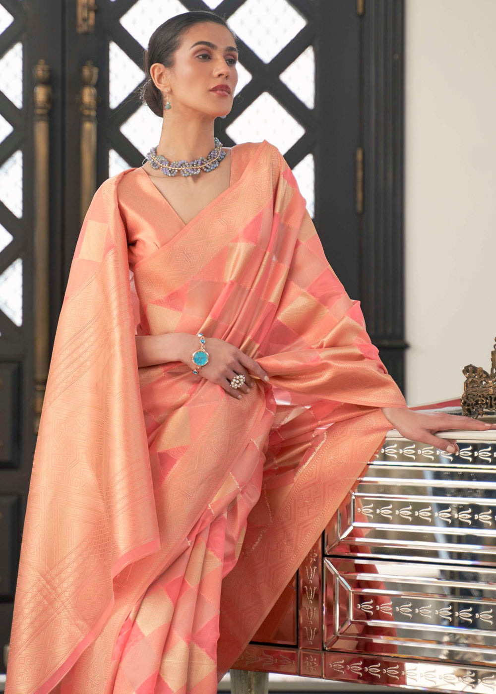 MySilkLove Bittersweet Peach Woven Organza Banarasi Silk Saree