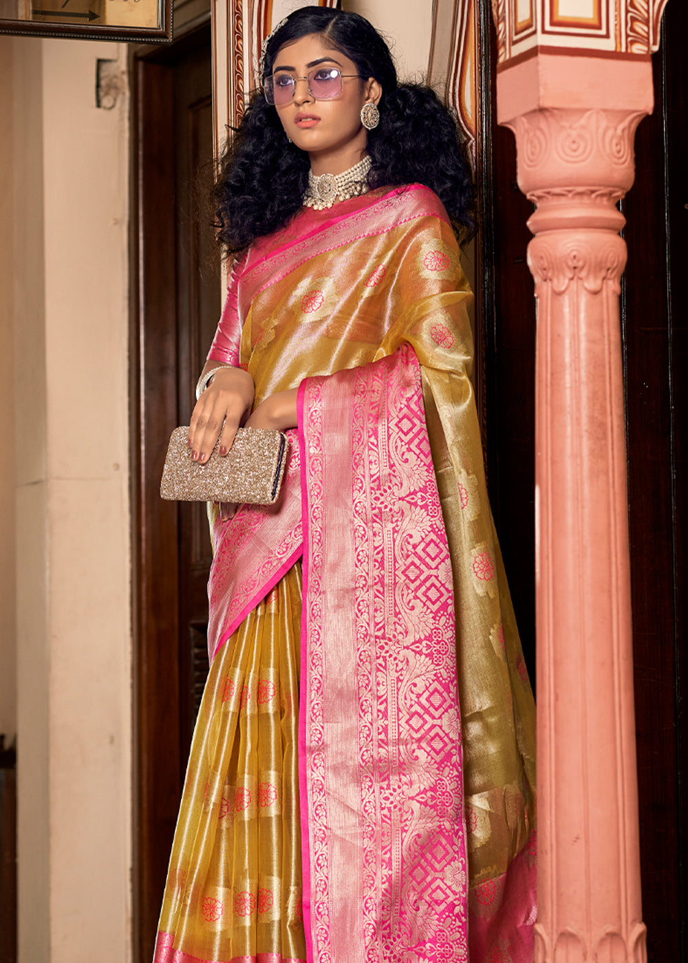 MySilkLove Tussock Golden and Pink Woven Banarasi Organza Silk Saree