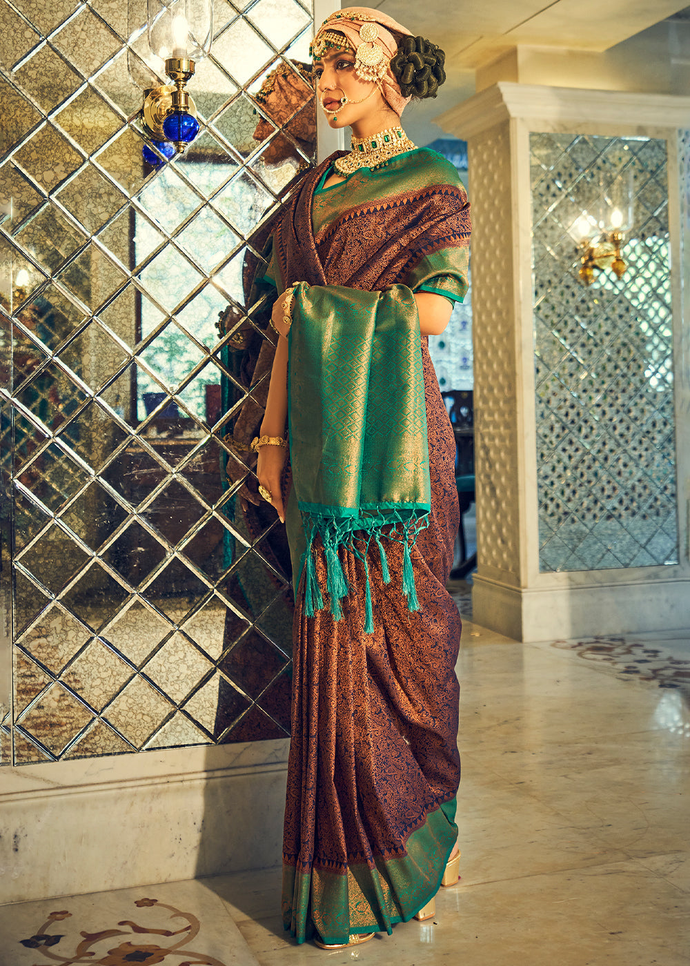 MySilkLove Sepia Brown and Green Woven Kanjivaram Silk Saree