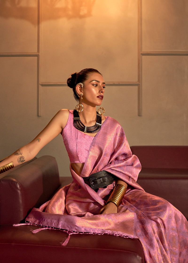 Deep Blush Pink Kanjivaram Woven Silk Saree