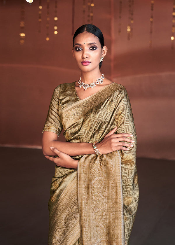 Straw Brown Banarasi Woven Printed Silk Saree