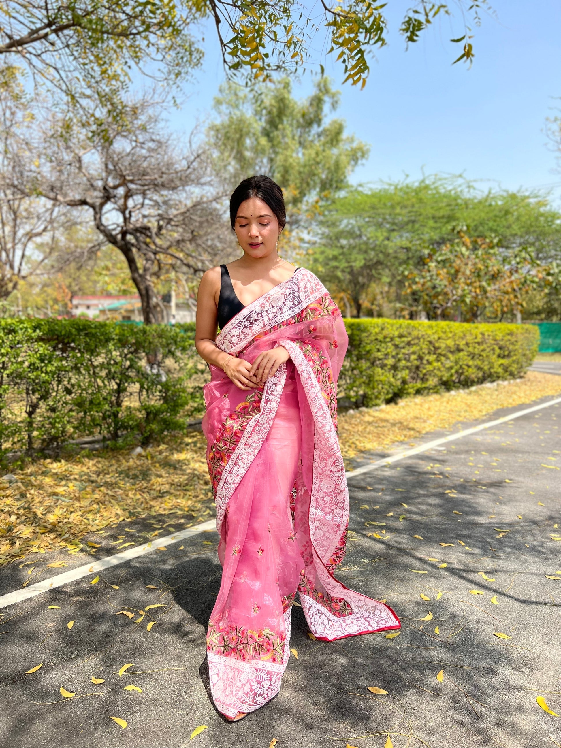 Baby Pink Lucknowi Chikankari Organza Silk Saree