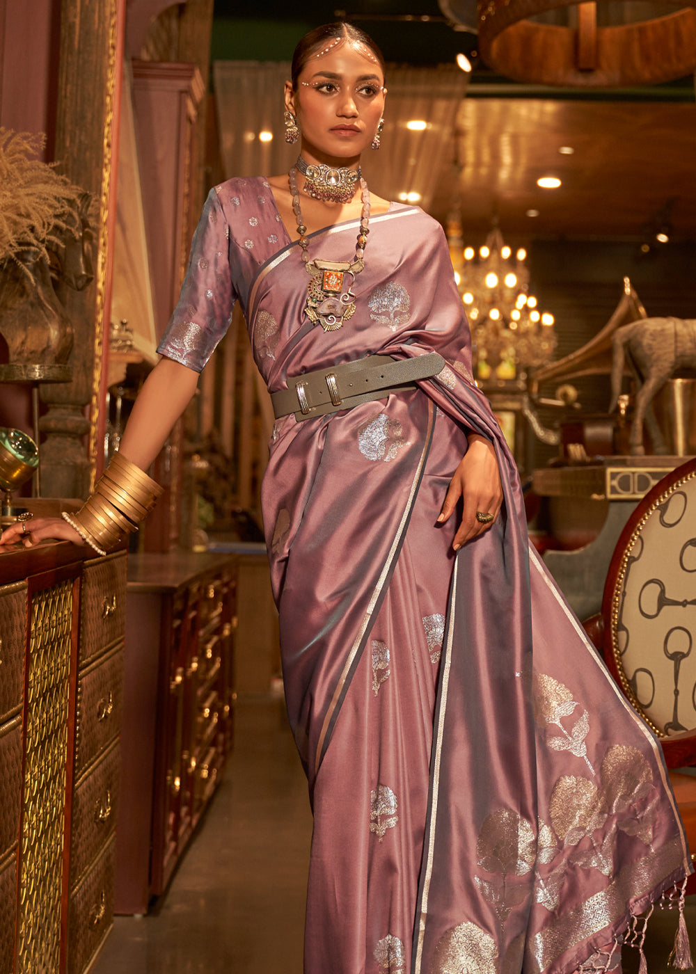 Buy MySilkLove Old Rose Purple Woven Banarasi Satin Silk Saree Online