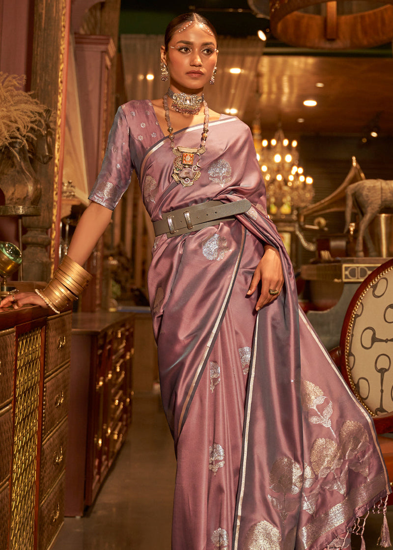 Old Rose Purple Woven Banarasi Satin Silk Saree