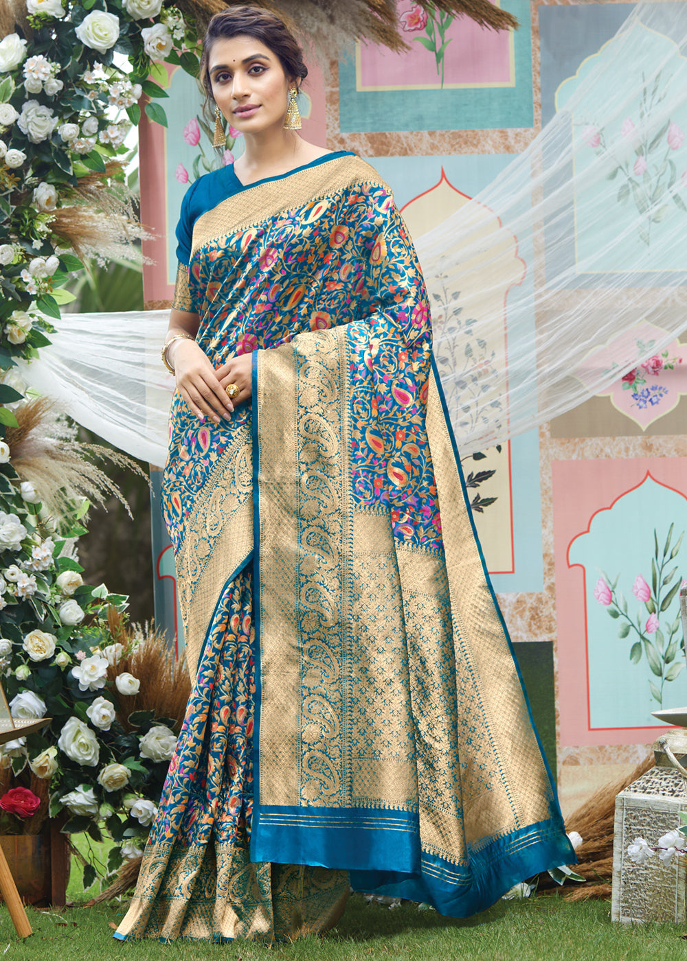 Buy MySilkLove Steel Blue Woven Banarasi Saree with Kashmiri Print Online