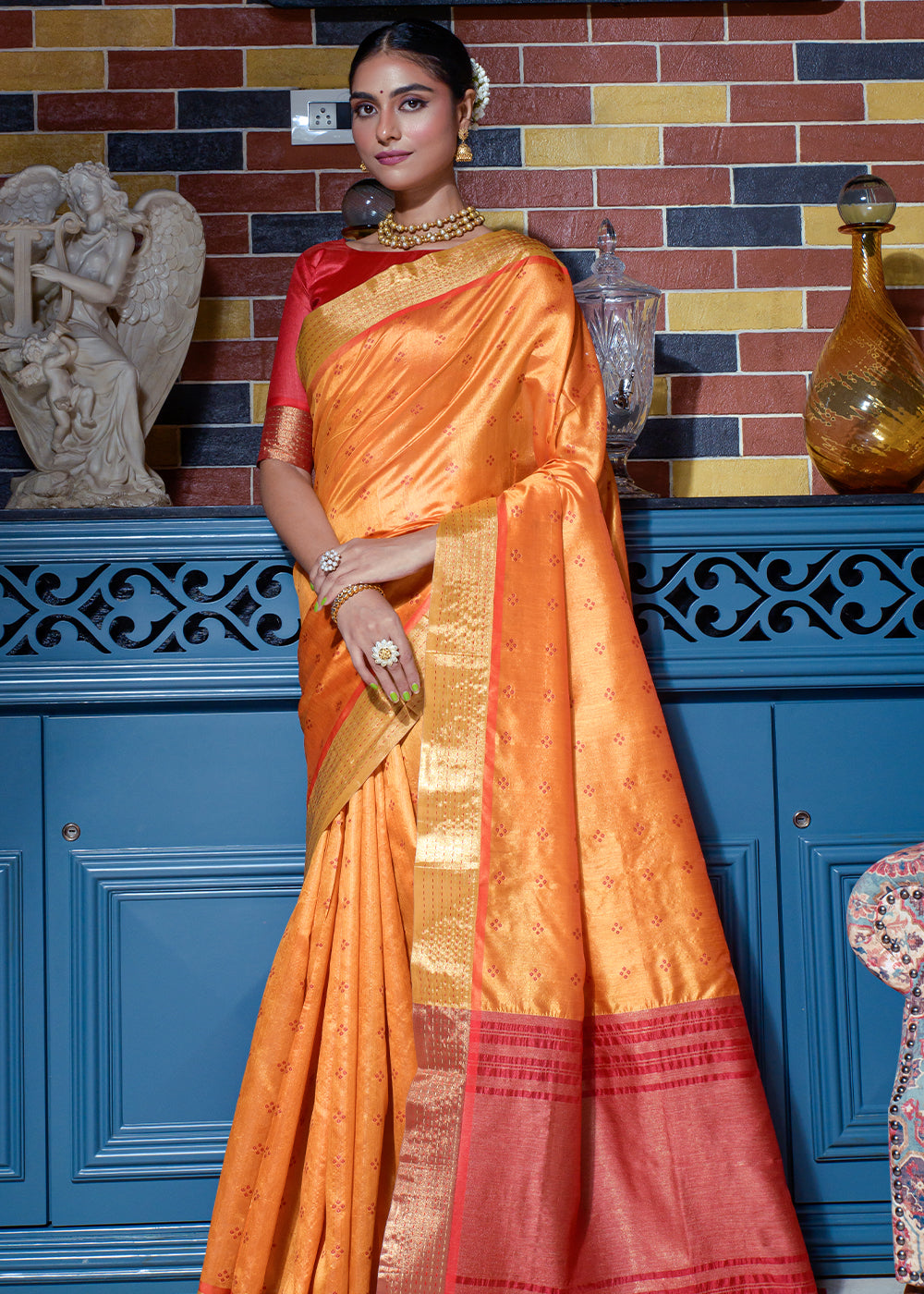 Buy MySilkLove Tangerine Orange Woven Raw Silk Saree Online