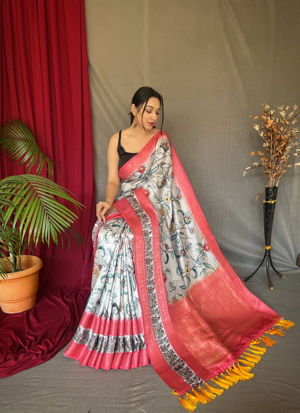 Linen White and Pink Banarasi Kalamkari Printed Silk Saree