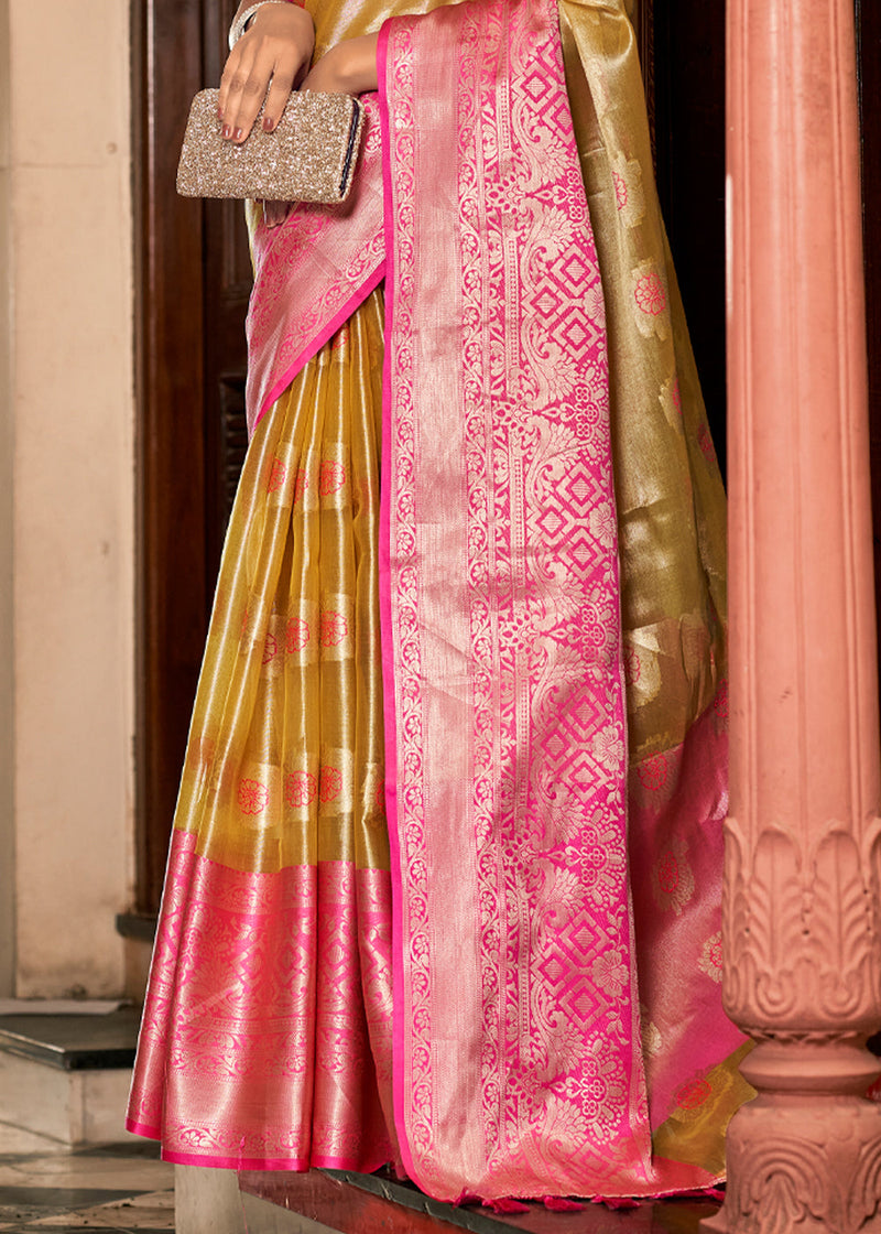 Buy Golden Tissue Silk Saree Online in USA with Pink Embroidered Blouse –  Pure Elegance