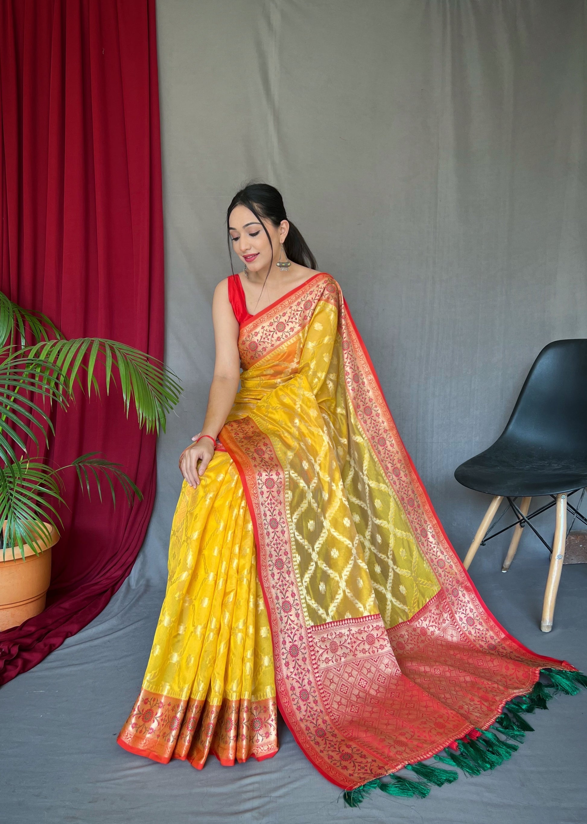 Buy MySilkLove Witch Haze Yellow Woven Banarasi Organza Silk Saree Online