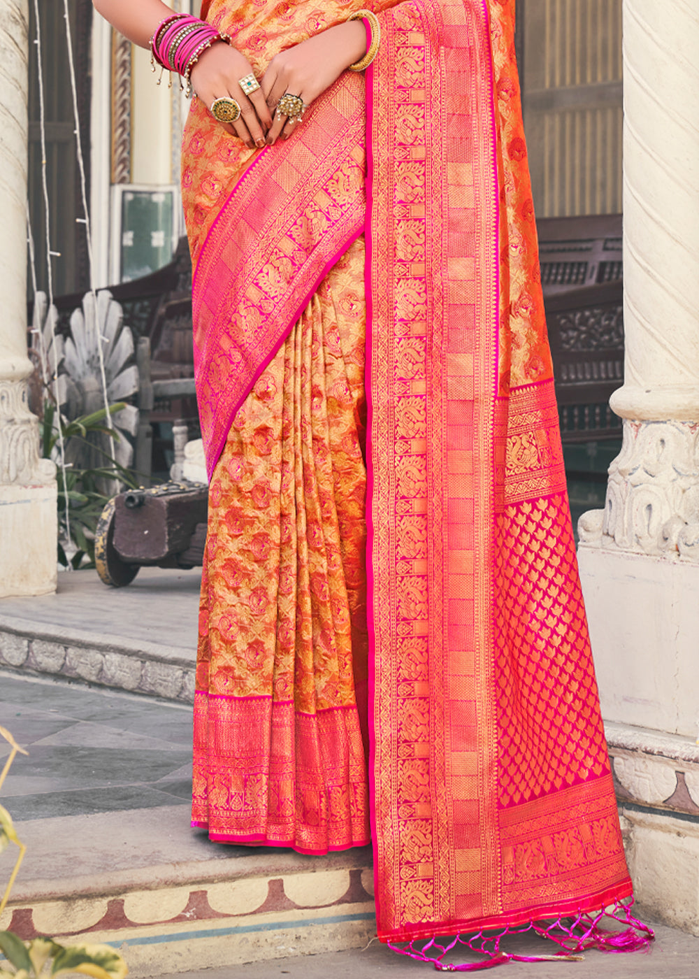 Buy MySilkLove Tan Orange and Pink Woven Kanjivaram Silk Saree Online