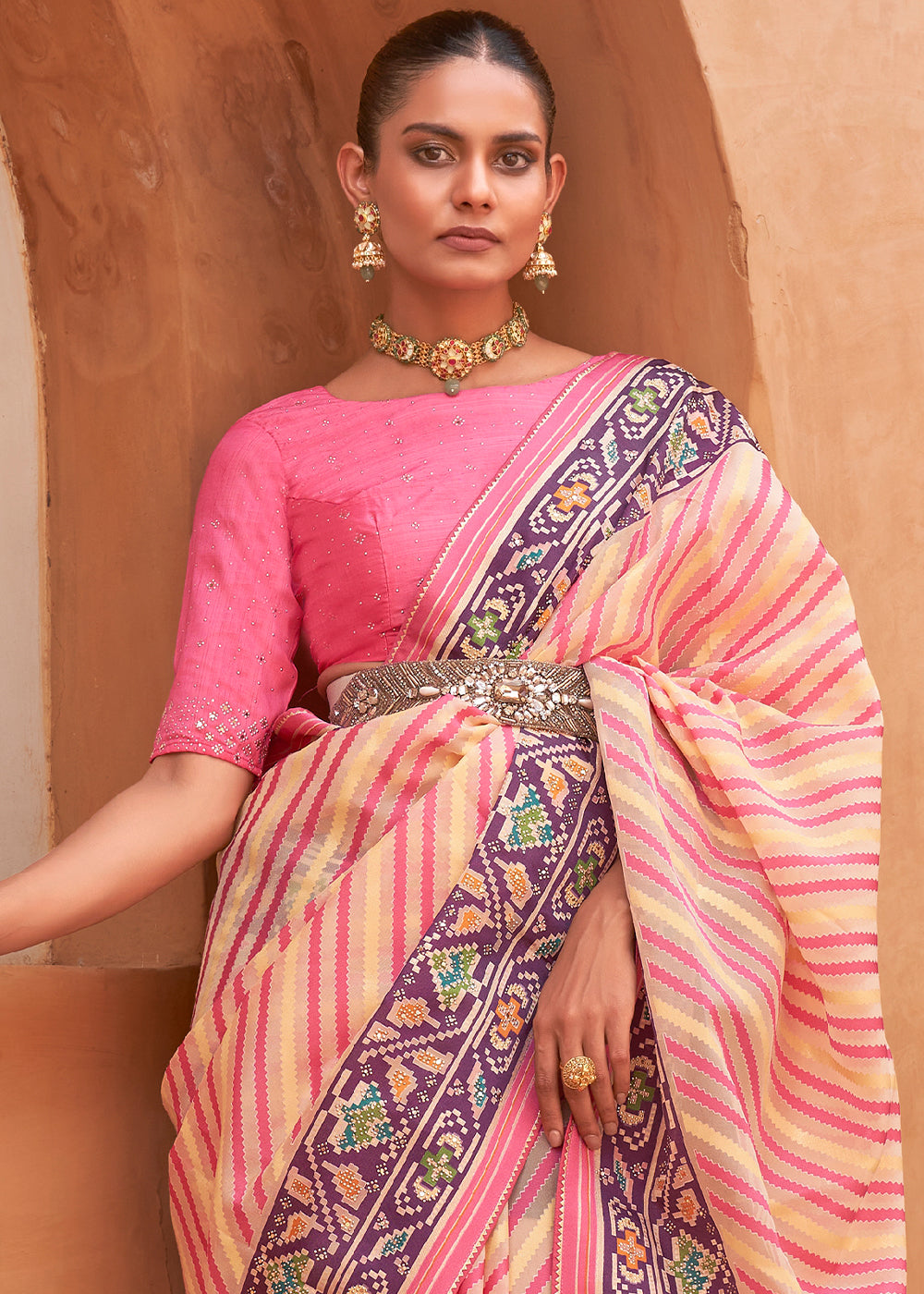 Buy MySilkLove Cotton Candy Pink Patola Printed Tissue Silk Saree Online