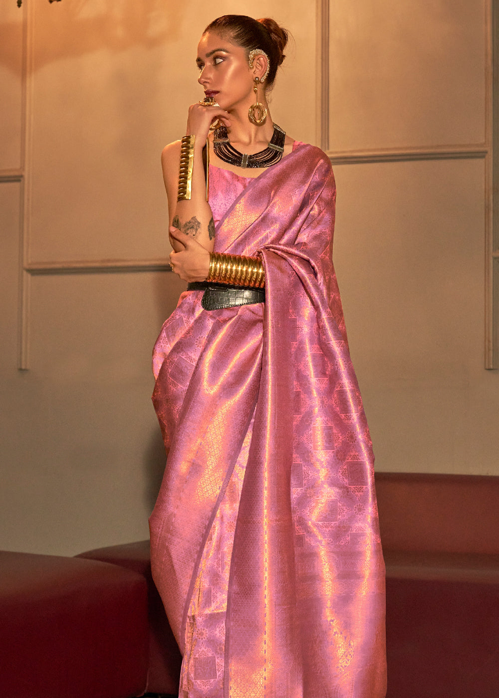 Buy MySilkLove Deep Blush Pink Kanjivaram Woven Silk Saree Online