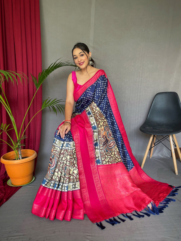 Comet Blue and Pink Gala Bandhej Kalamkari Printed Silk Saree
