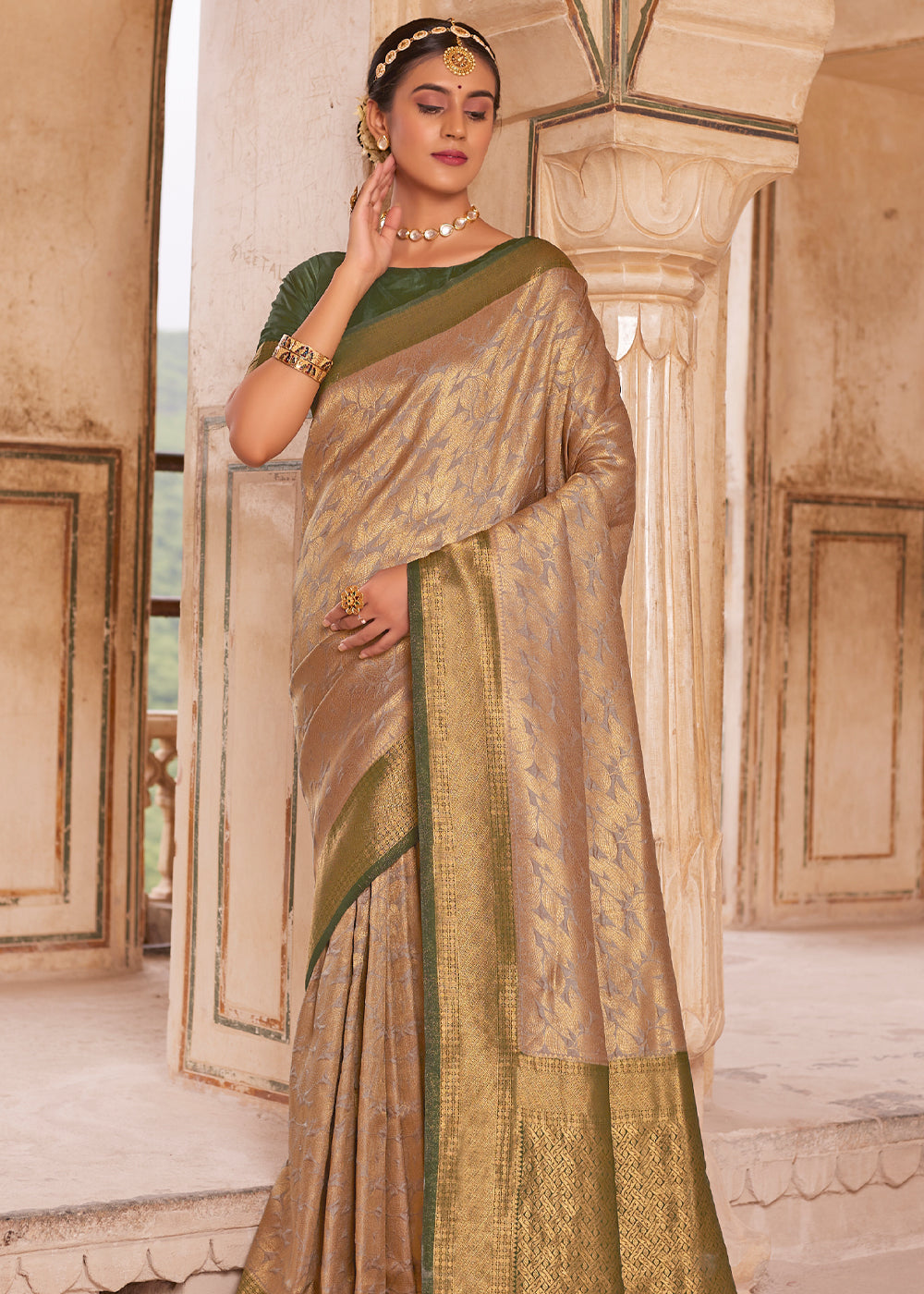 Buy MySilkLove Sorrell Brown and Green Woven Kanjivram Silk Saree Online