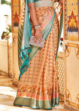 Tan Orange and Blue Banarasi Tissue Woven Silk Saree