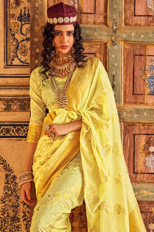 Buy MySilkLove Old Gold Yellow Woven Georgette Saree Online