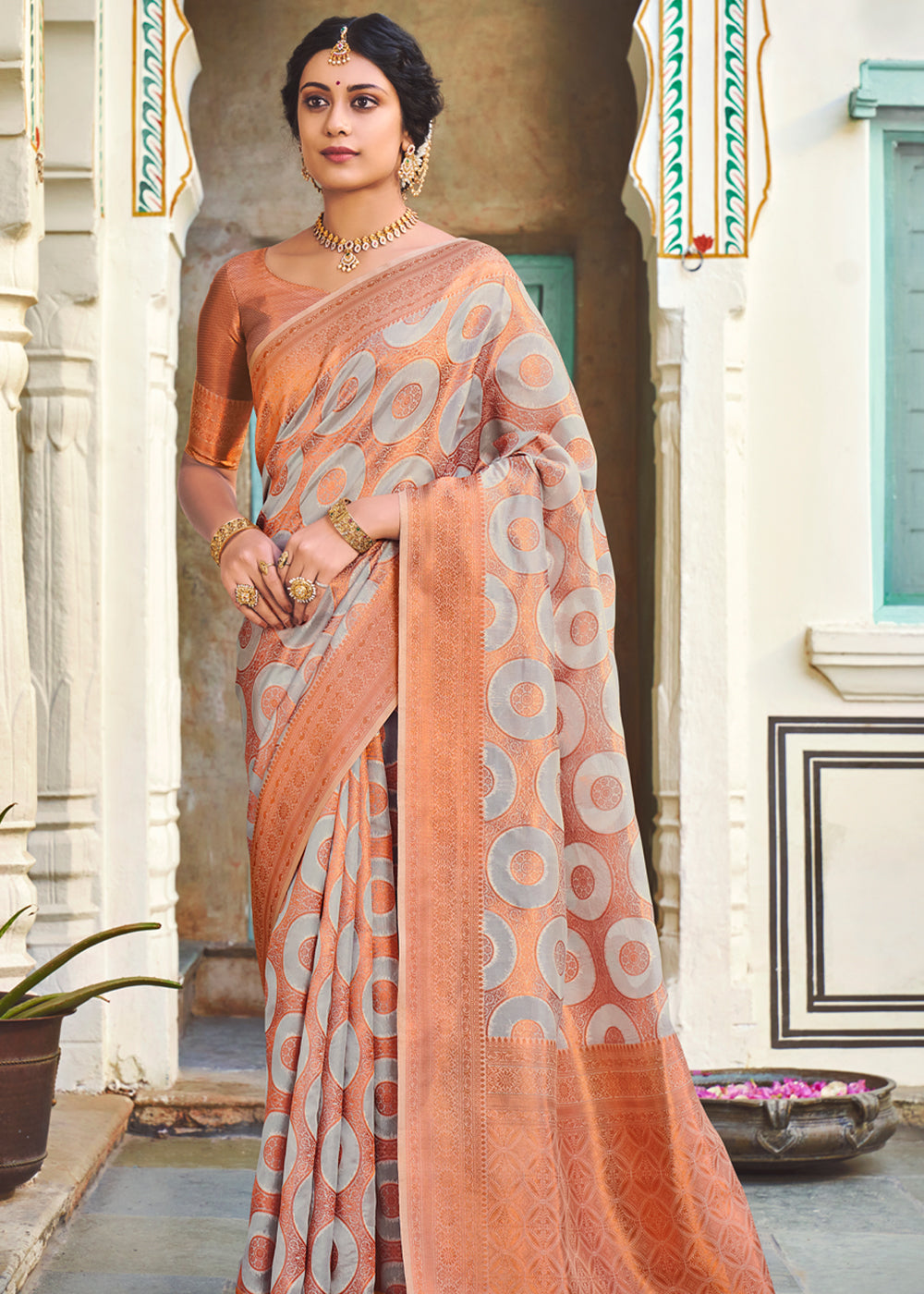 Buy MySilkLove Silver Rust Grey Woven Banarasi Organza Silk Saree Online