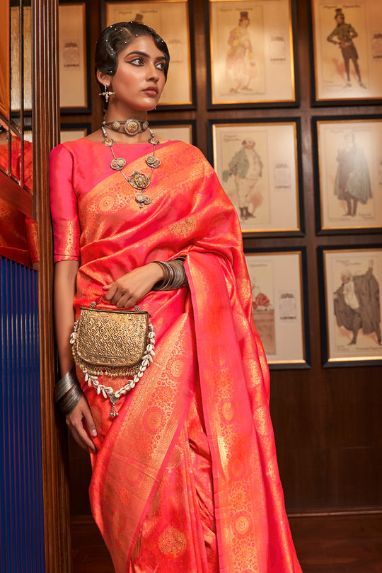 Buy Orange-Pink Kanjivaram Silk Saree Online at Jaypore.com