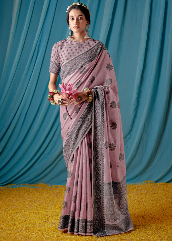 Blossom Pink Woven Banarasi Linen Silk Saree
