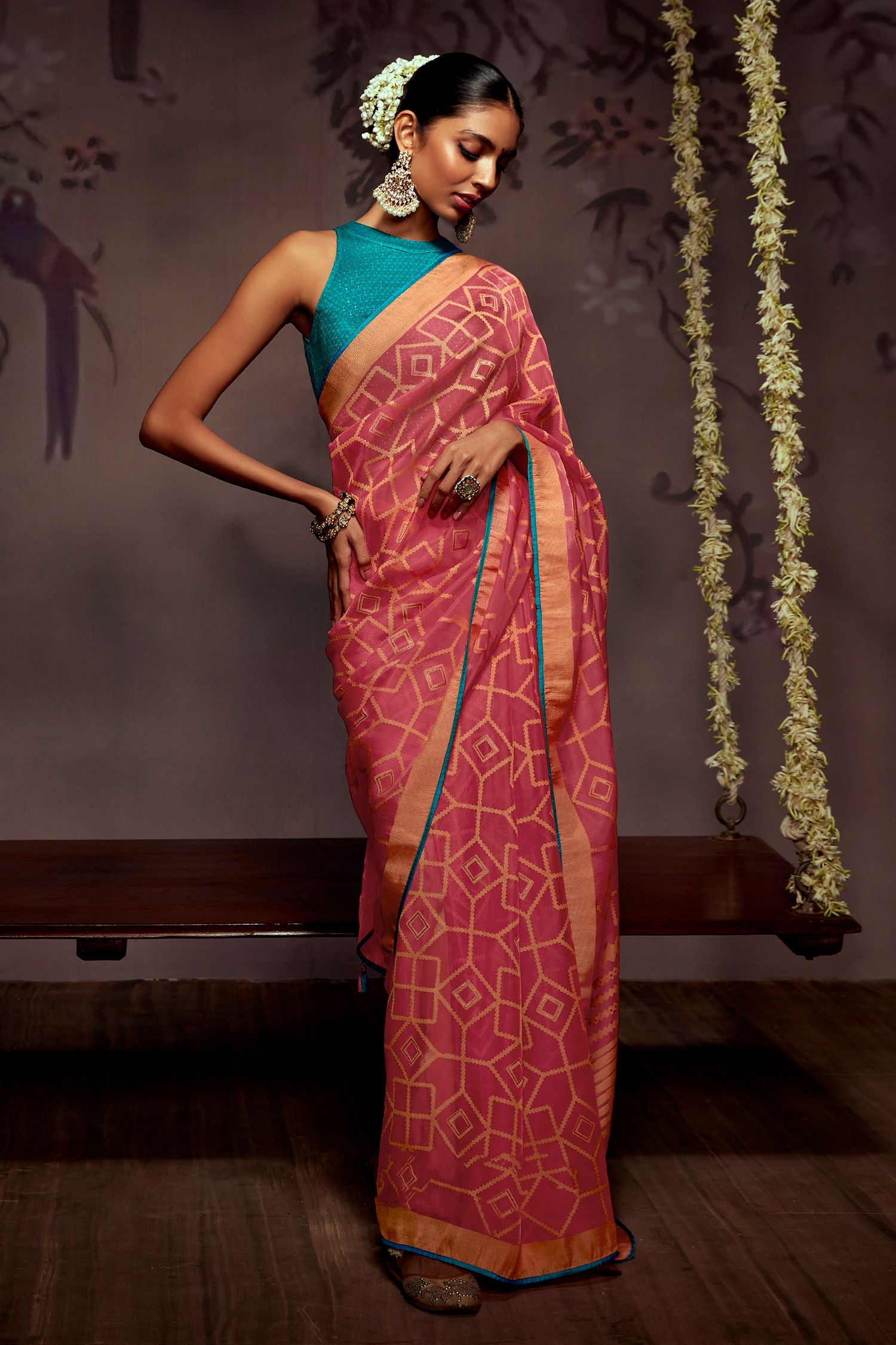 Buy MySilkLove Tulip Pink Printed Brasso Saree Online