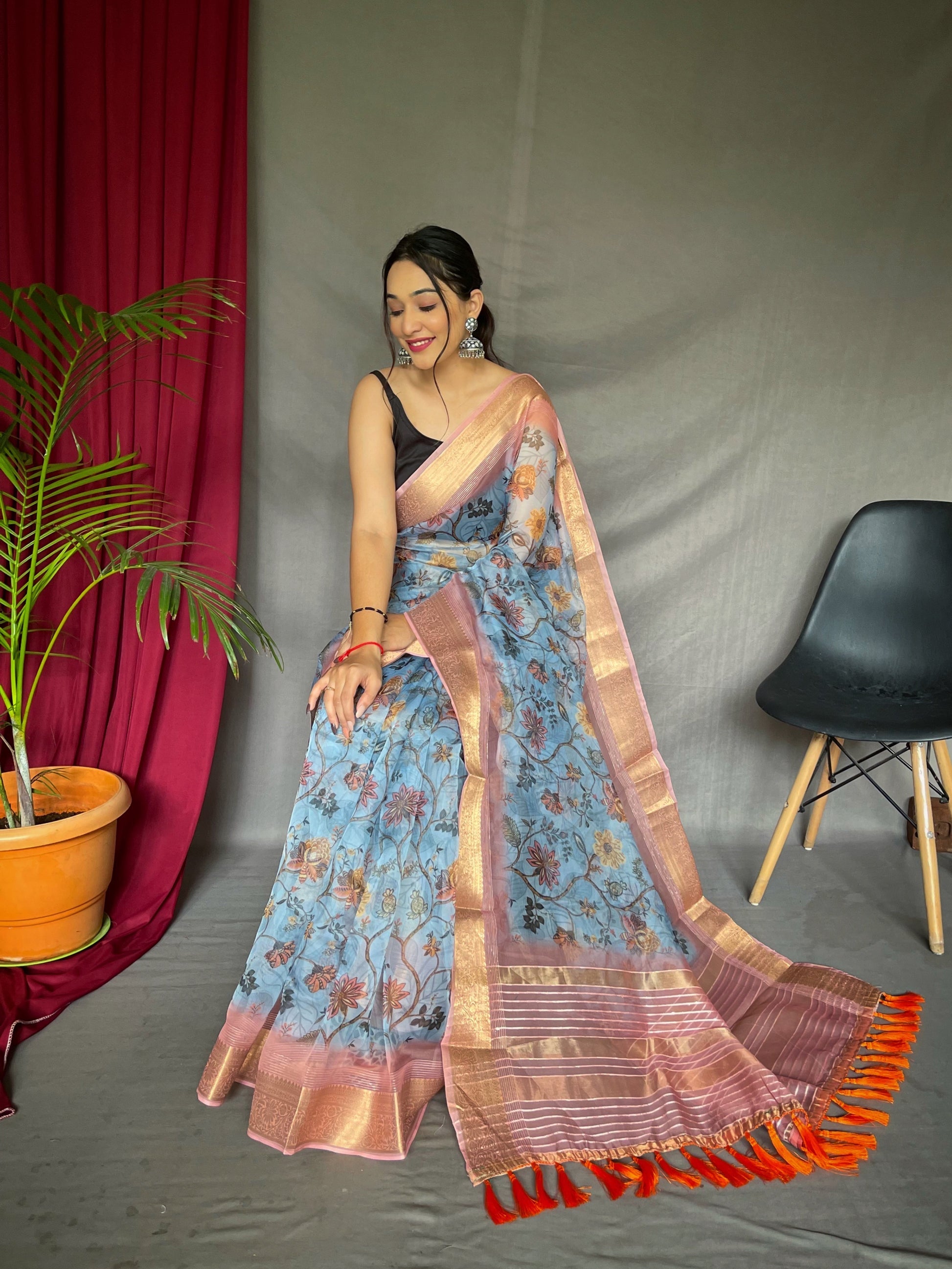 MySilkLove Bombay Blue Organza Floral Printed with Sequins Jacquard Woven Saree