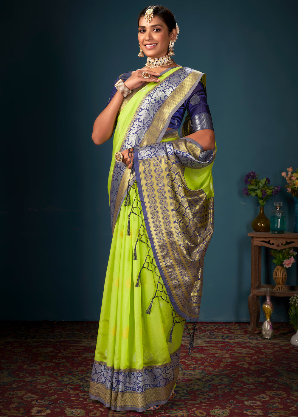 Buy MySilkLove Atlantis Green and Blue Woven Banarasi Silk Saree Online