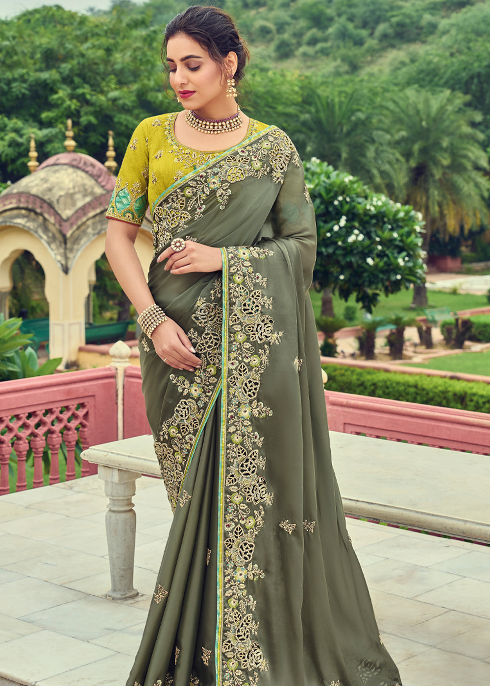 Buy MySilkLove Limed Ash Green Designer Embroidered Satin Silk Saree Online