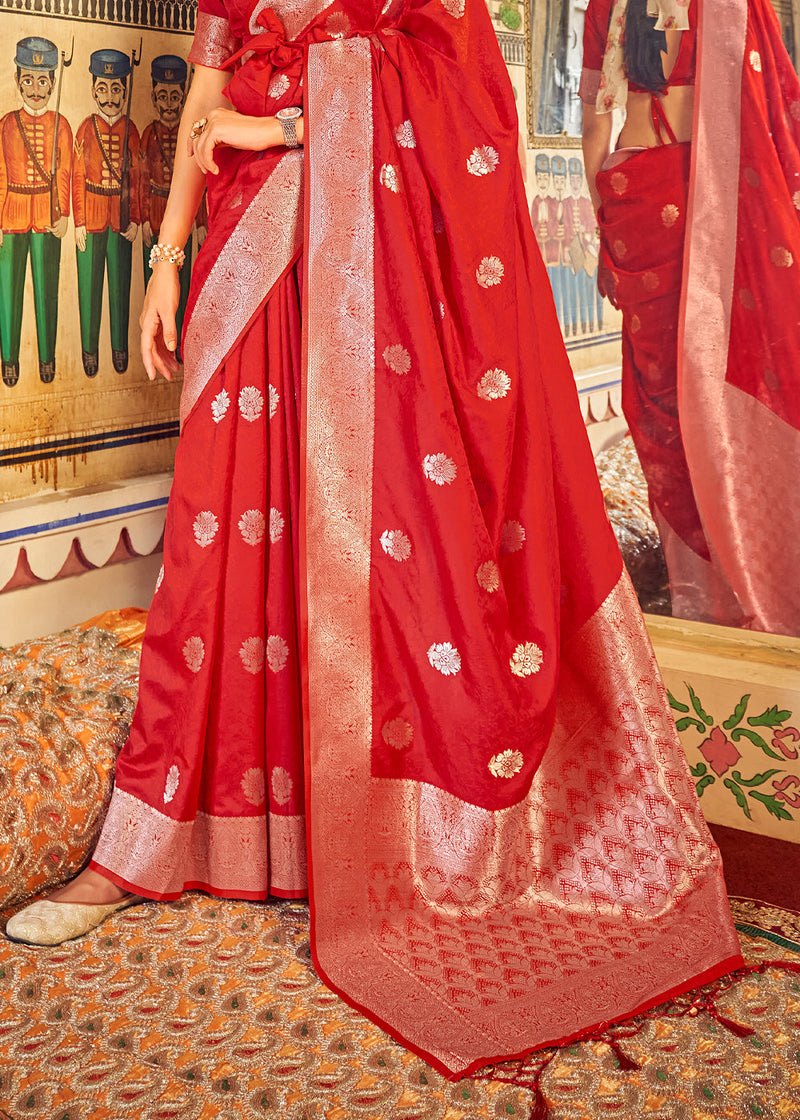 Amaranth Red Banarasi Woven Silk Saree