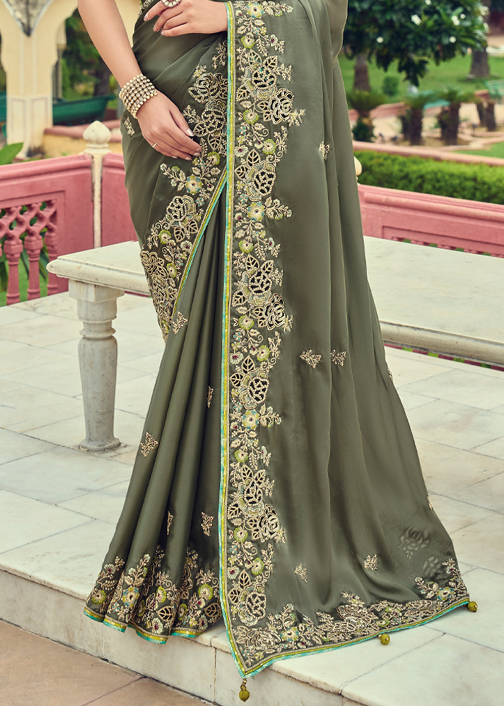 Buy MySilkLove Limed Ash Green Designer Embroidered Satin Silk Saree Online