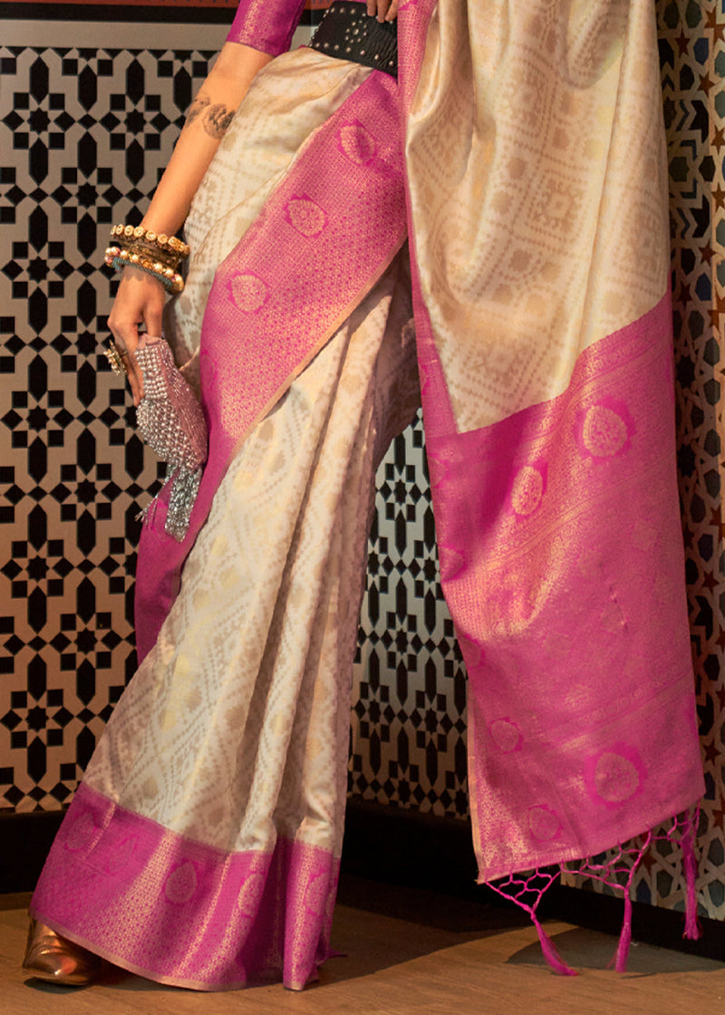 Ivory White and pink Banarasi Woven Silk Saree