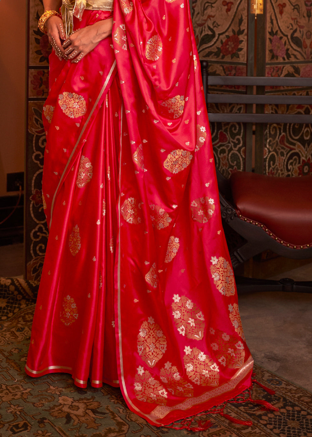 Buy MySilkLove Scarlet Red Woven Satin Silk Saree Online