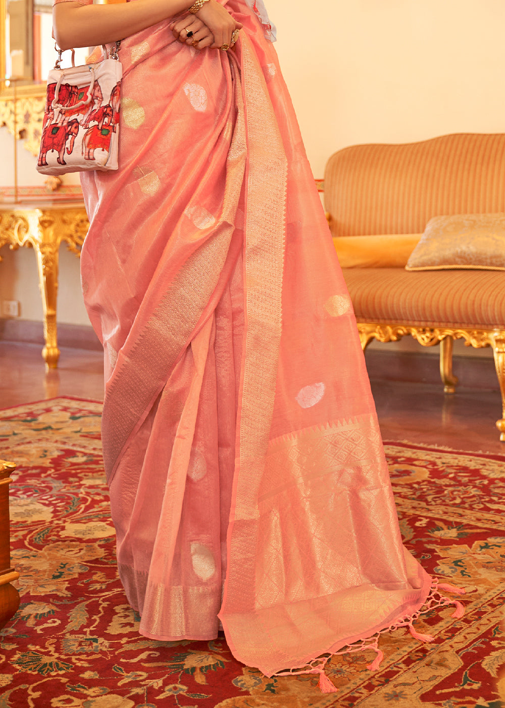 Buy MySilkLove Melon Pink Zari Woven Tissue Silk Saree Online