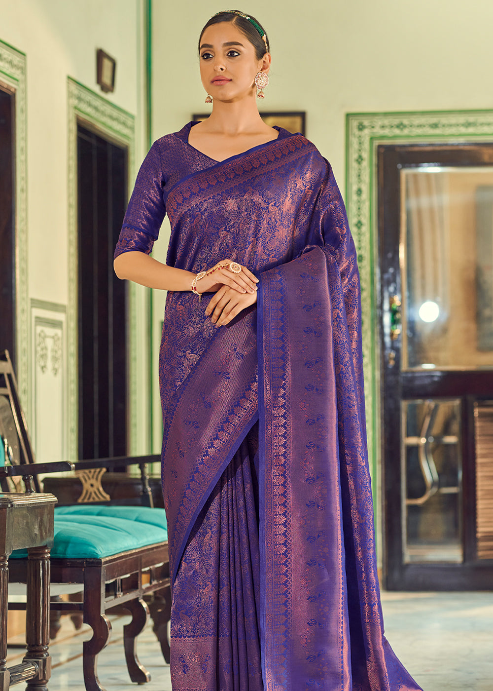 Buy MySilkLove Trendy Blue Woven Kanjivaram Silk Saree Online