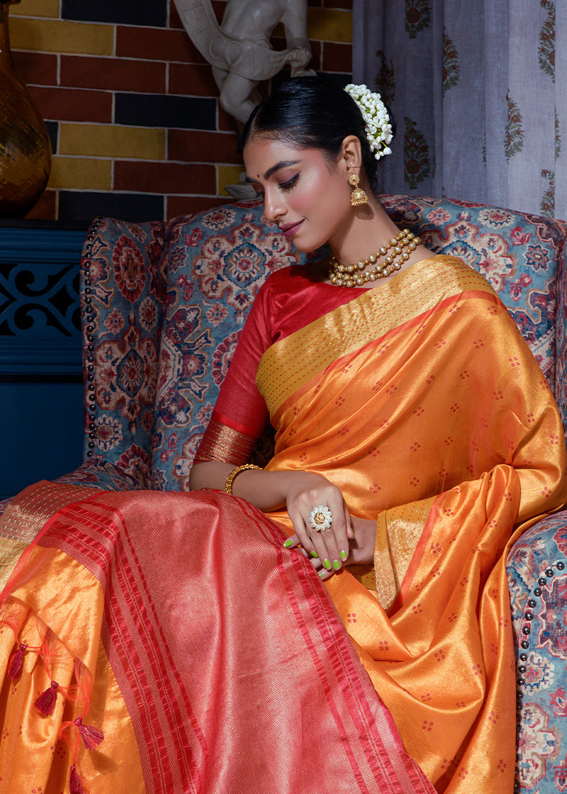 Pastel Orange Kanjivaram Silk Saree With Floral Pattern | Singhania's