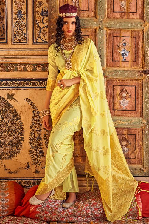 Buy MySilkLove Old Gold Yellow Woven Georgette Saree Online