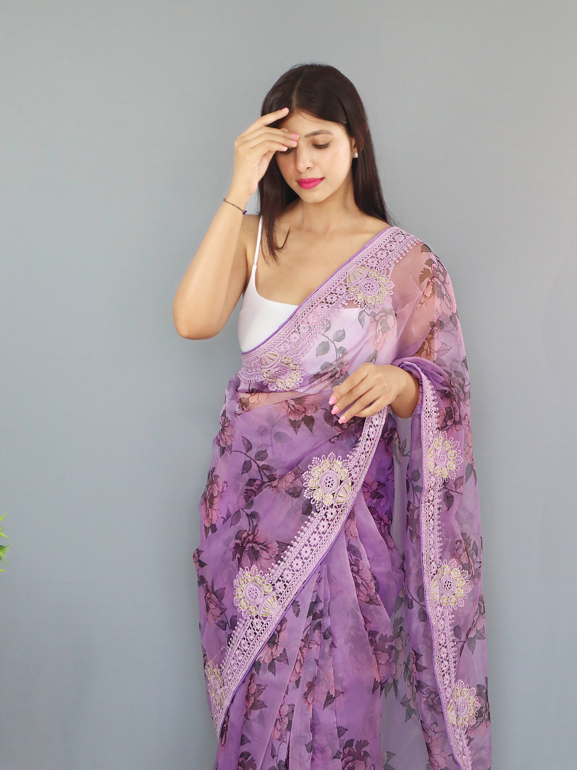 Buy MySilkLove Lily Lavender Purple Organza Digital Floral Printed Saree Online