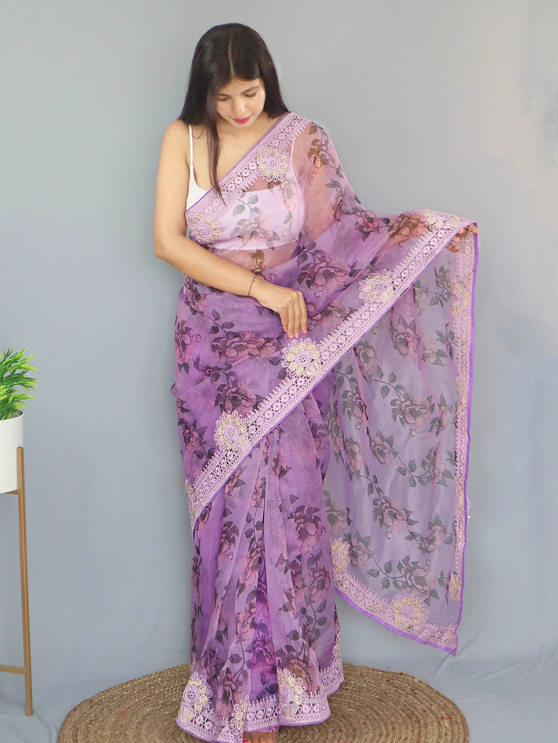 Lily Lavender Purple Organza Digital Floral Printed Saree