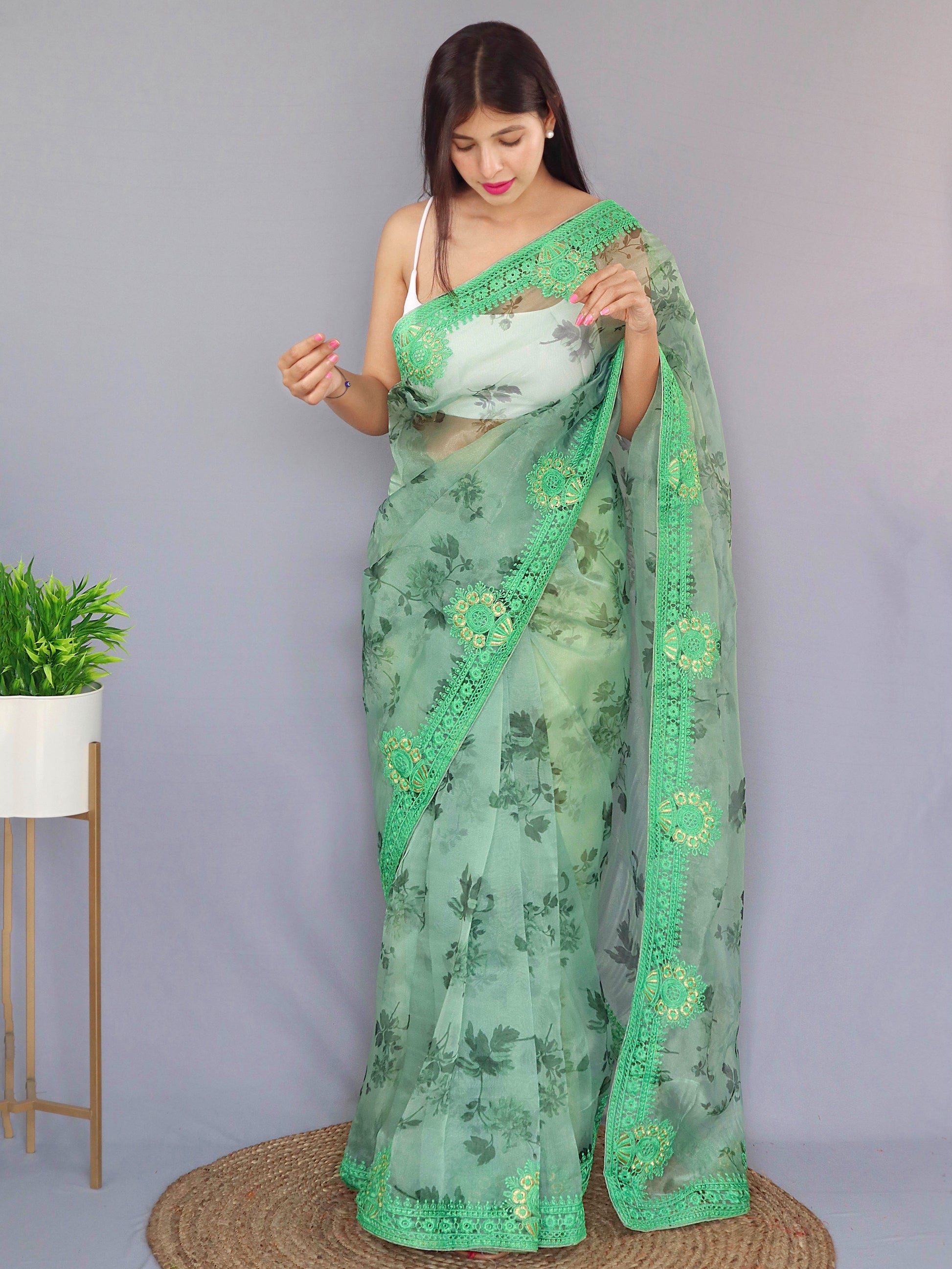 Buy MySilkLove Silver Tree Green Organza Digital Floral Printed Saree Online