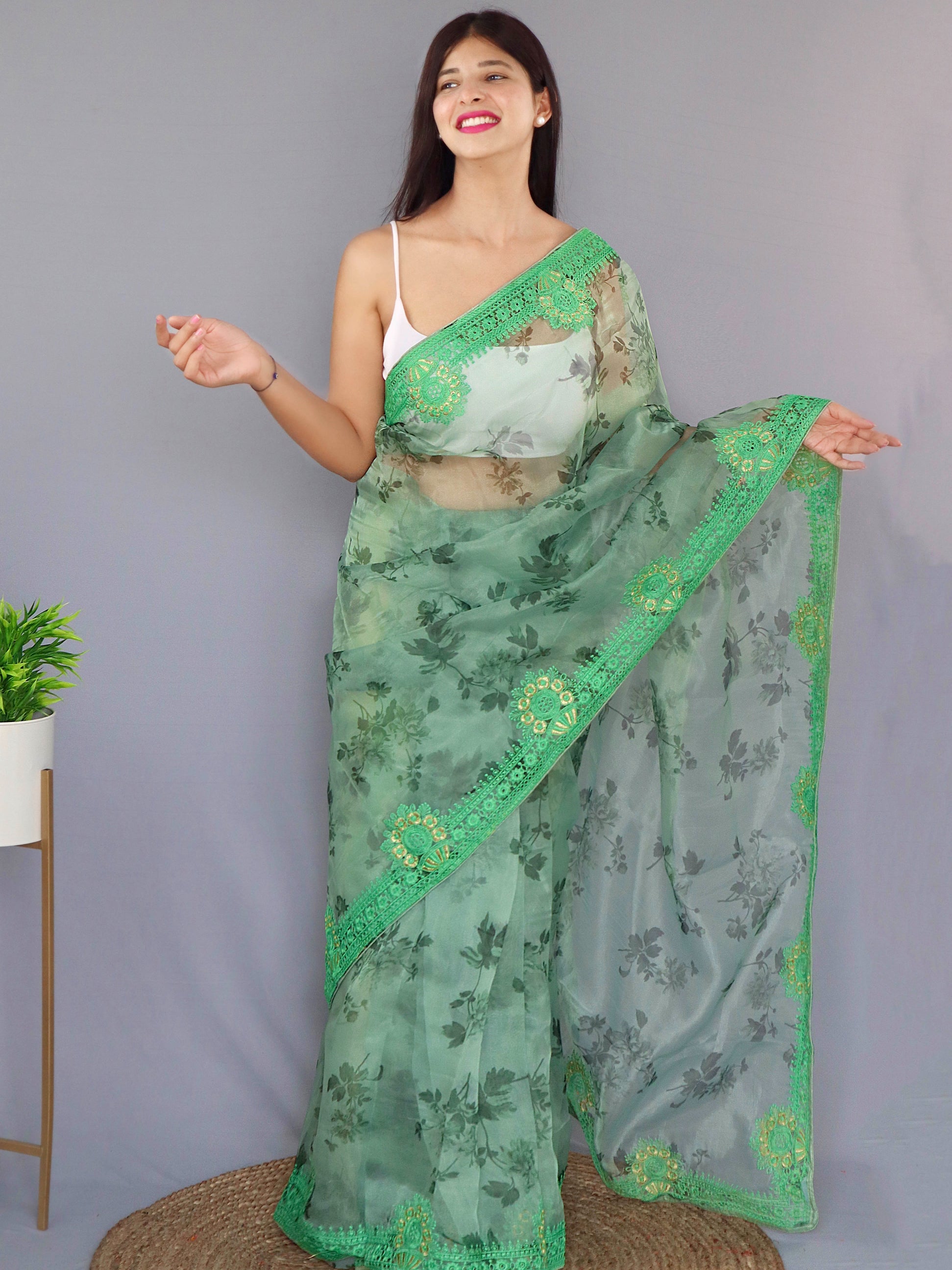 Buy MySilkLove Silver Tree Green Organza Digital Floral Printed Saree Online