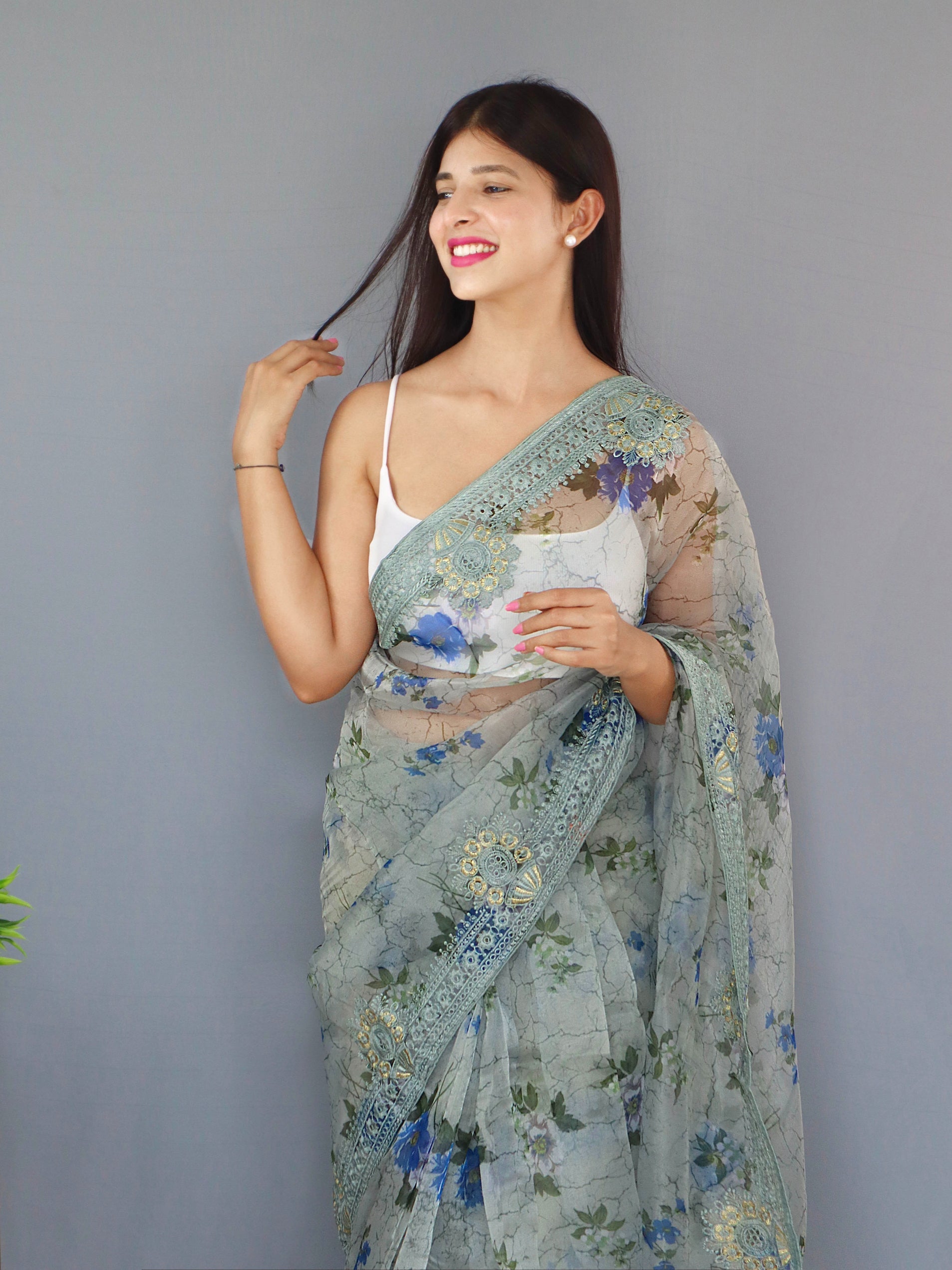 Buy MySilkLove Smoke Grey Organza Digital Floral Printed Saree Online