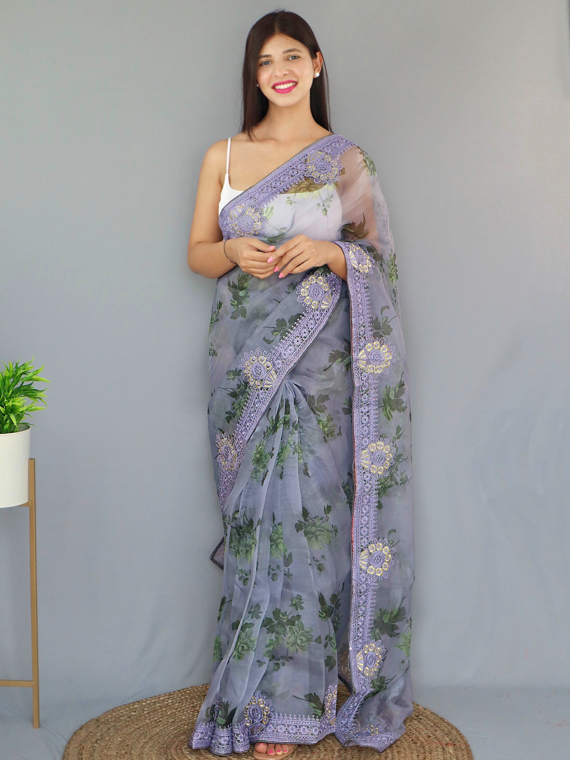 Buy MySilkLove Blueish Grey Organza Digital Floral Printed Saree Online