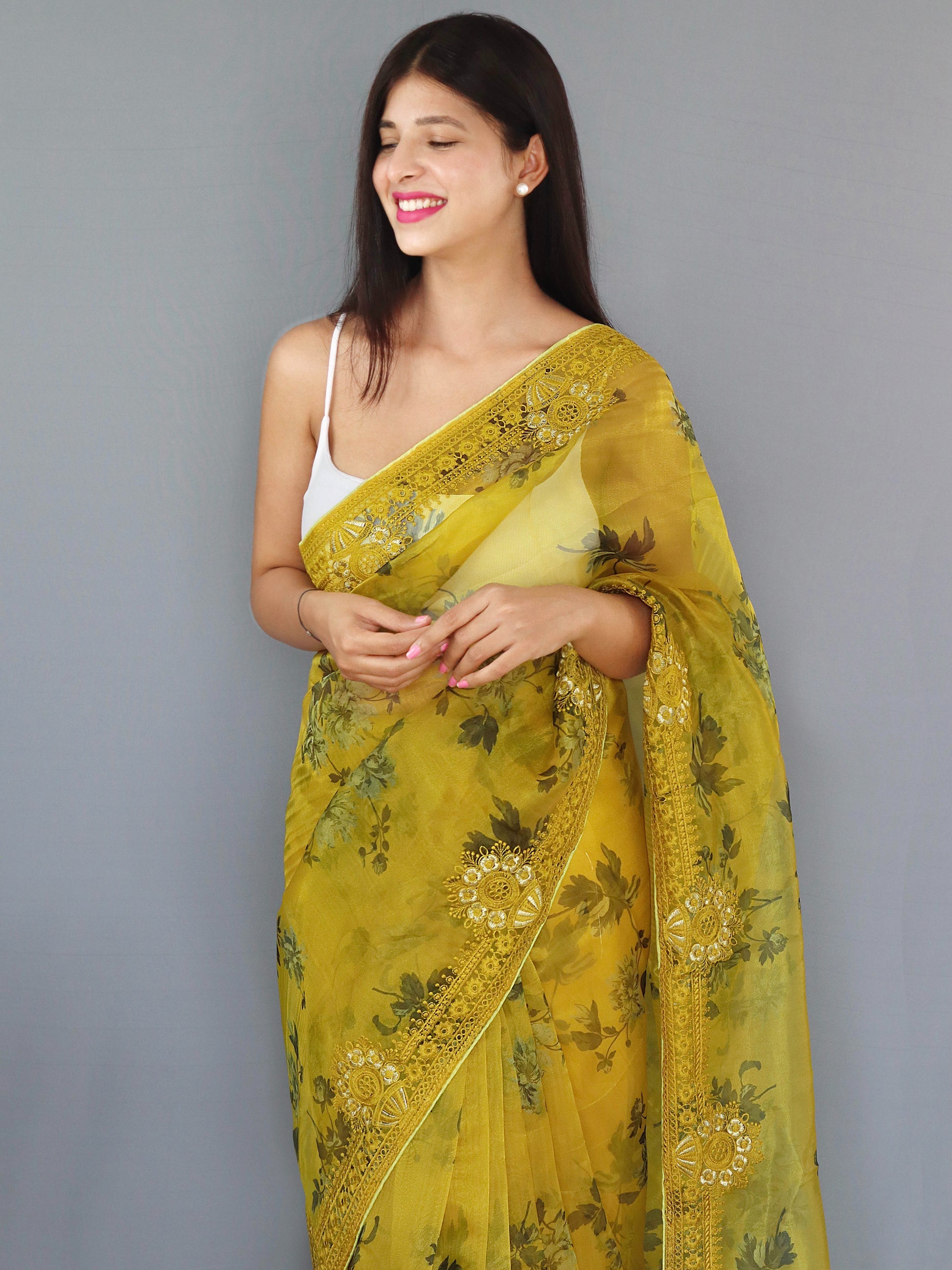 Buy MySilkLove Ronchi Yellow Organza Digital Floral Printed Saree Online